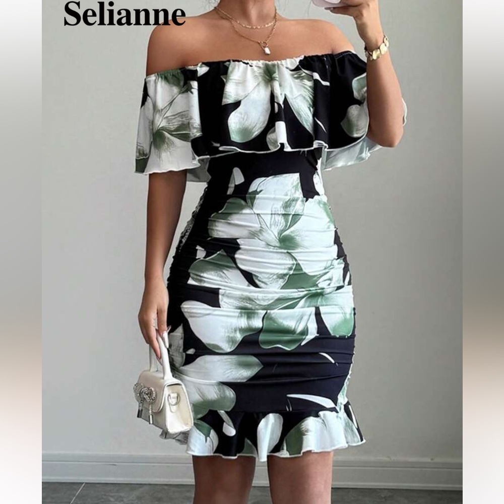 Off-Shoulder Green and Black Floral Dress SHEIN